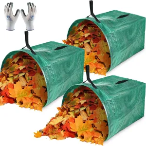 3 Pack Large Yard Dustpan Type Garden Bag Leaf Bags, Reusable Heavy Duty Gardening Bags, Yard Waste Container with Reinforced Carry Handles 53 Gallon Per Bag, Come with Gloves, Leaf Bag Holder