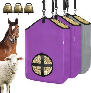 3 PCS Goat Hay Feeder,Hay Bags for Horses,Goats,Donkeys with Reinforced Oxford Fabric and High Strength Metal Clasp,Horse Feeding Supplies with Adjustable Strap for Easy Hanging (2Purple 1Grey)