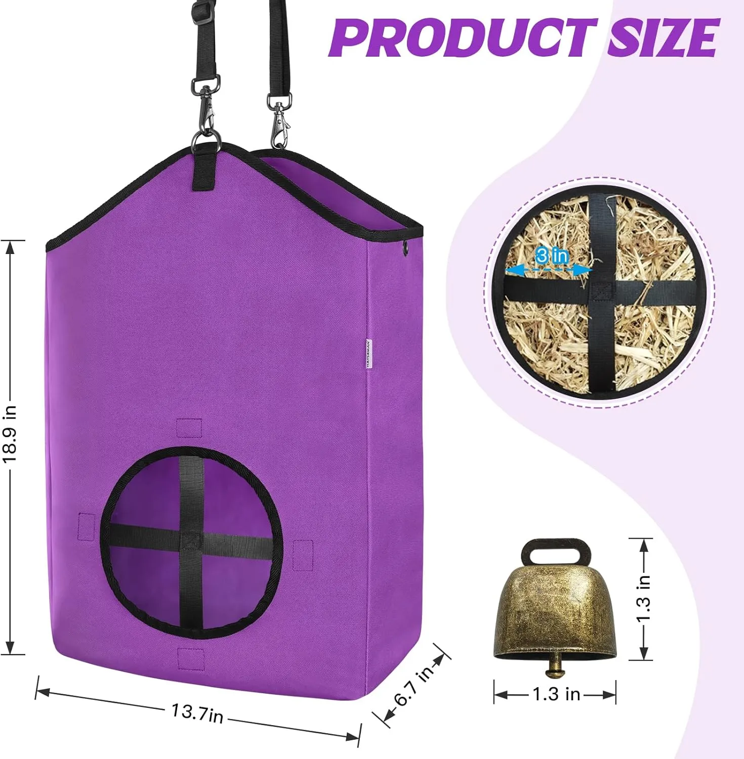 3 PCS Goat Hay Feeder,Hay Bags for Horses,Goats,Donkeys with Reinforced Oxford Fabric and High Strength Metal Clasp,Horse Feeding Supplies with Adjustable Strap for Easy Hanging (2Purple 1Grey)