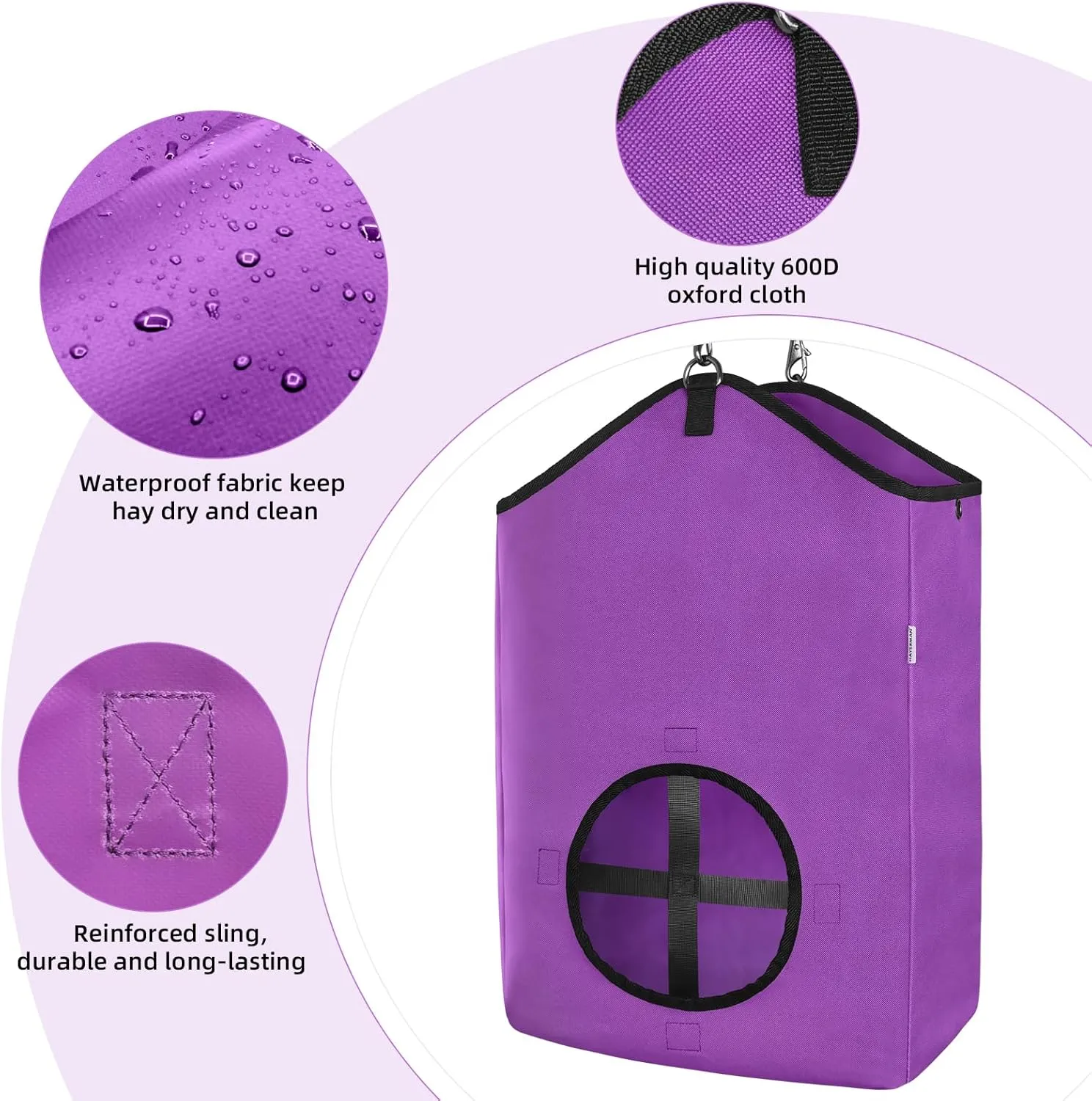 3 PCS Goat Hay Feeder,Hay Bags for Horses,Goats,Donkeys with Reinforced Oxford Fabric and High Strength Metal Clasp,Horse Feeding Supplies with Adjustable Strap for Easy Hanging (2Purple 1Grey)