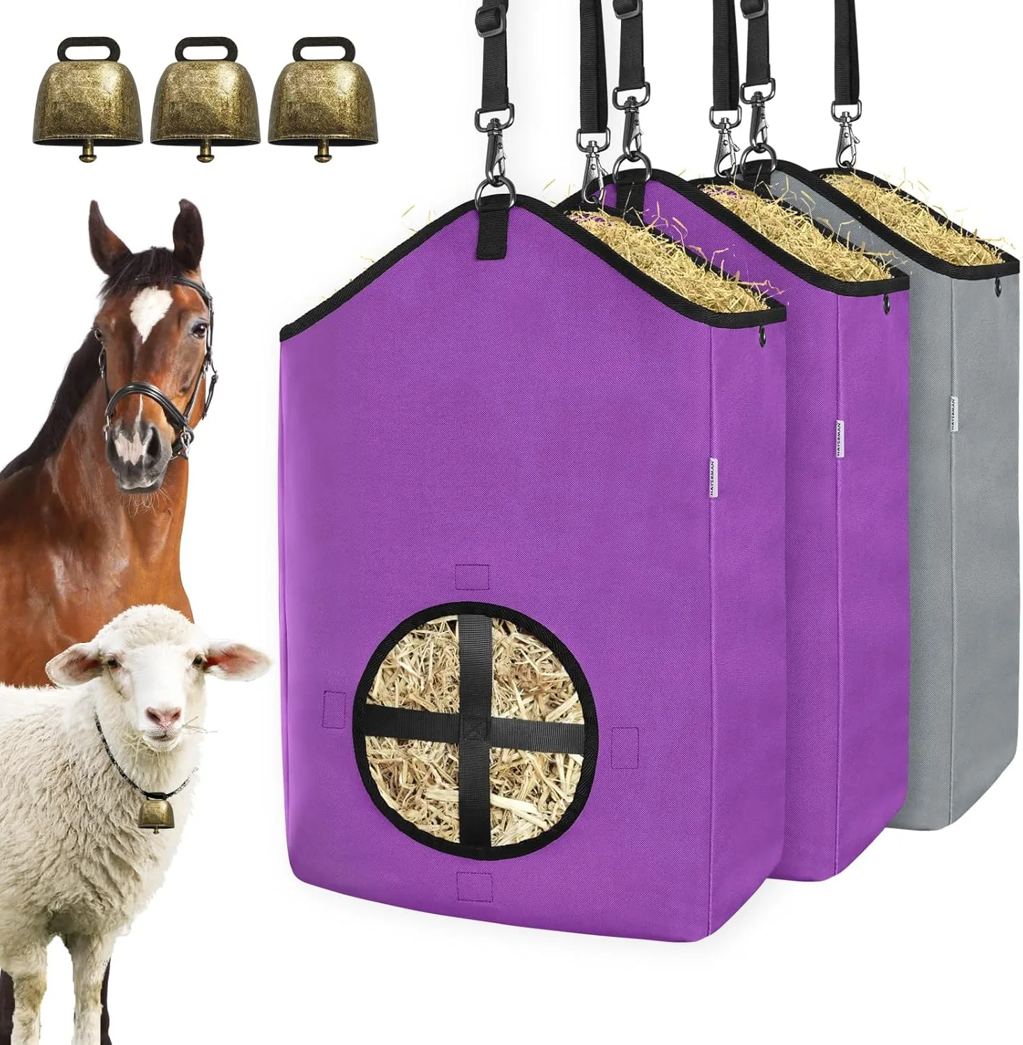 3 PCS Goat Hay Feeder,Hay Bags for Horses,Goats,Donkeys with Reinforced Oxford Fabric and High Strength Metal Clasp,Horse Feeding Supplies with Adjustable Strap for Easy Hanging (2Purple 1Grey)