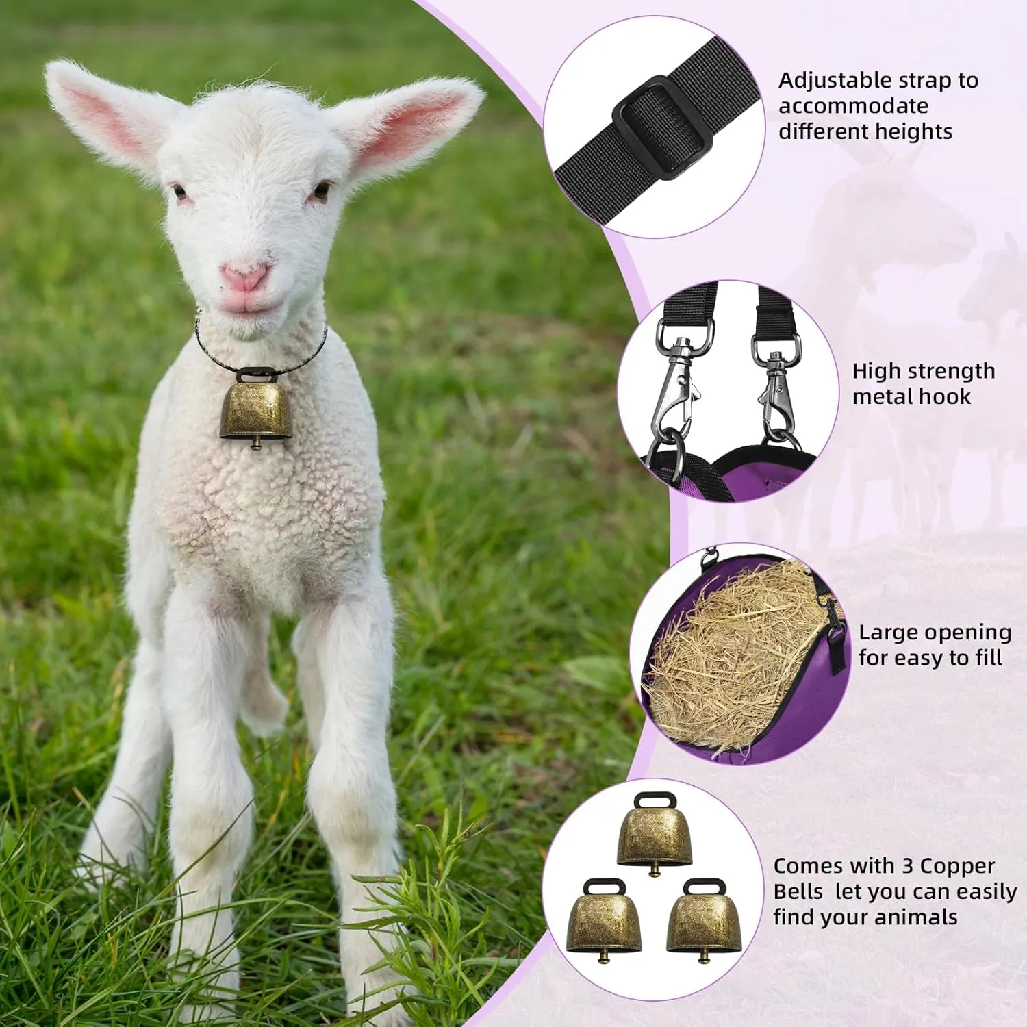3 PCS Goat Hay Feeder,Hay Bags for Horses,Goats,Donkeys with Reinforced Oxford Fabric and High Strength Metal Clasp,Horse Feeding Supplies with Adjustable Strap for Easy Hanging (2Purple 1Grey)