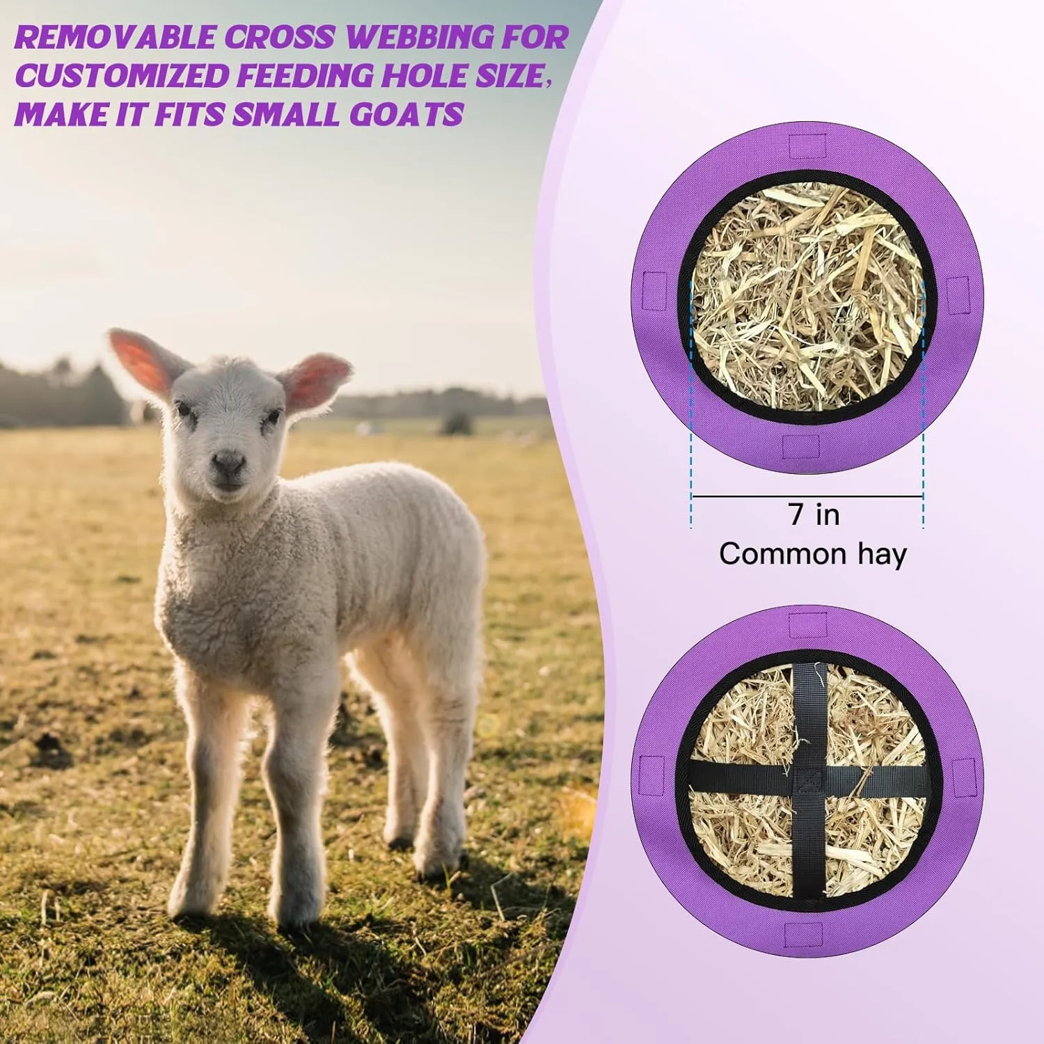 3 PCS Goat Hay Feeder,Hay Bags for Horses,Goats,Donkeys with Reinforced Oxford Fabric and High Strength Metal Clasp,Horse Feeding Supplies with Adjustable Strap for Easy Hanging (2Purple 1Grey)