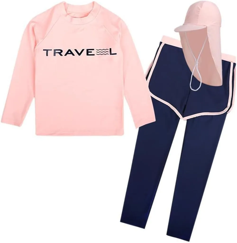 3 Pcs Youth Girls Long Sleeve Rash Guard Swimsuit UPF 50 Pants Sunsuit with Sun Protection Hat Bathing Suits