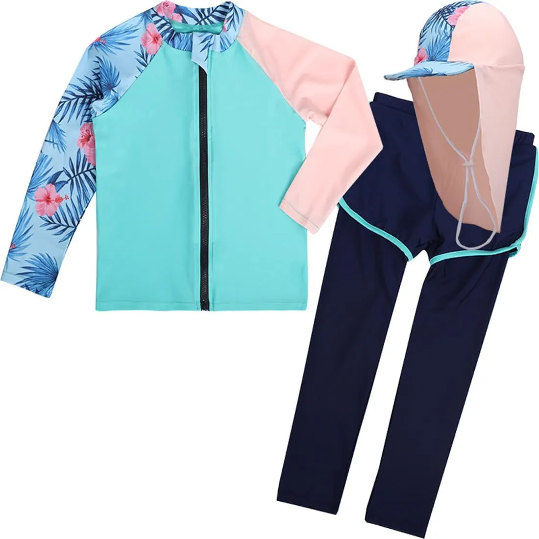 3 Pcs Youth Girls Long Sleeve Rash Guard Swimsuit UPF 50 Pants Sunsuit with Sun Protection Hat Bathing Suits
