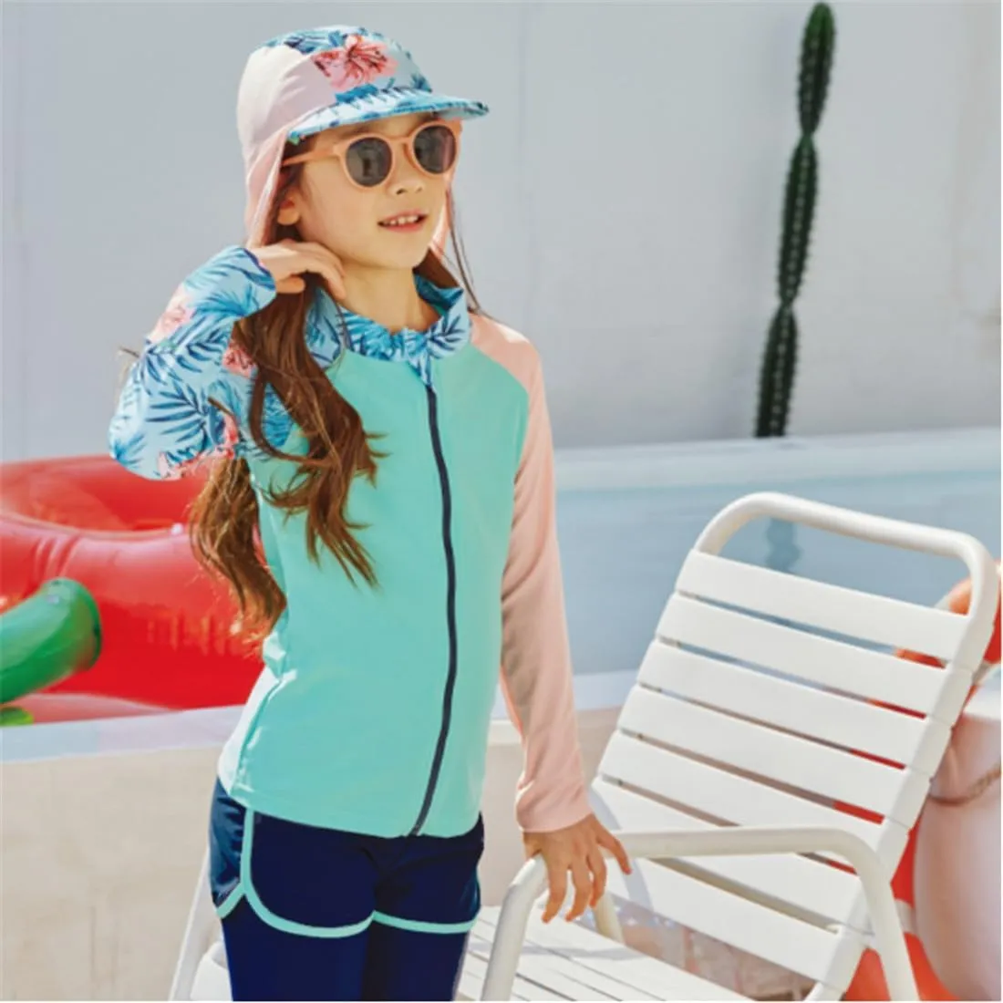 3 Pcs Youth Girls Long Sleeve Rash Guard Swimsuit UPF 50 Pants Sunsuit with Sun Protection Hat Bathing Suits