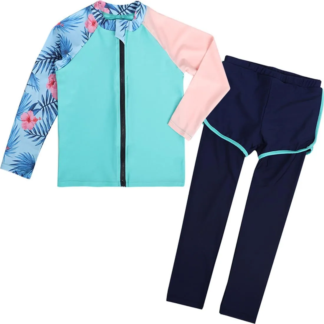 3 Pcs Youth Girls Long Sleeve Rash Guard Swimsuit UPF 50 Pants Sunsuit with Sun Protection Hat Bathing Suits