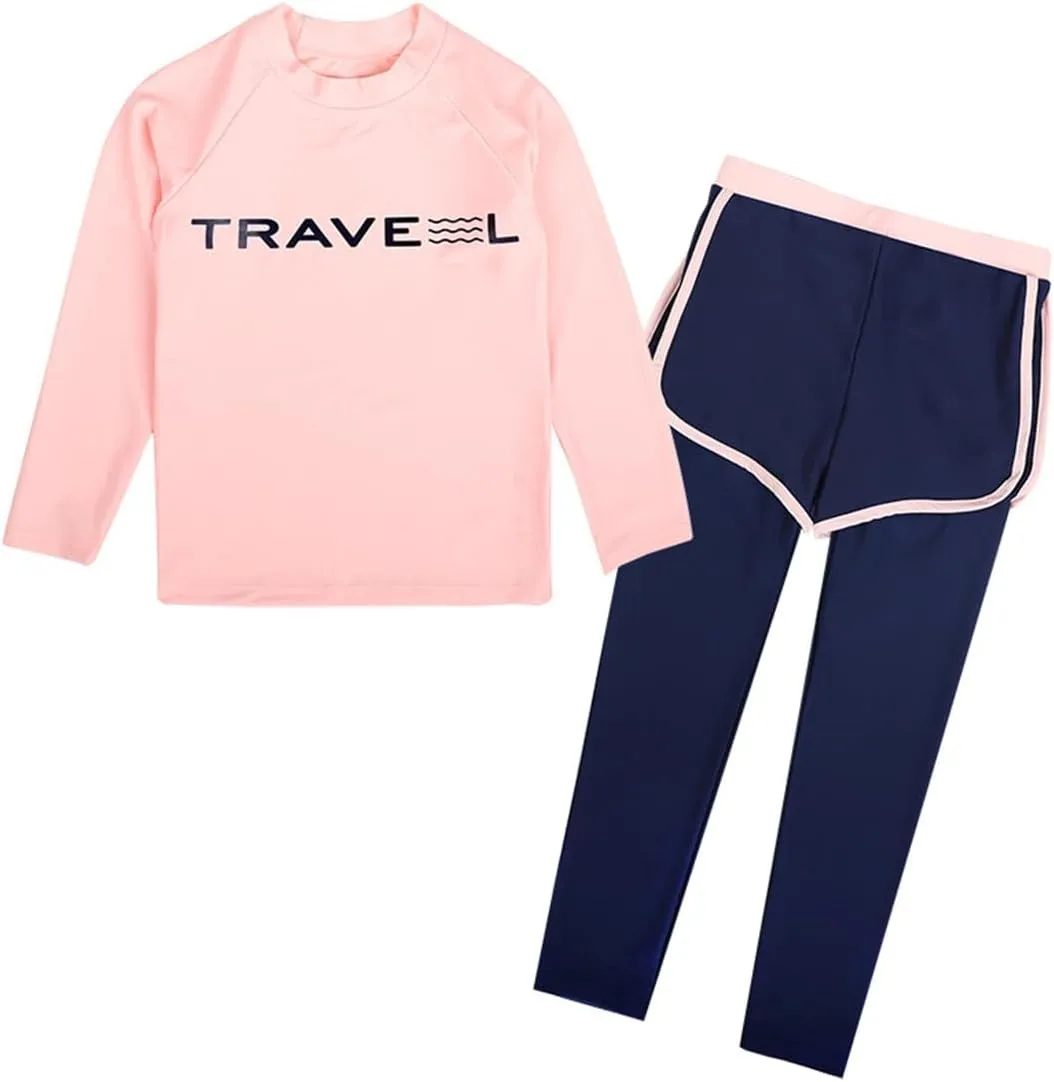 3 Pcs Youth Girls Long Sleeve Rash Guard Swimsuit UPF 50 Pants Sunsuit with Sun Protection Hat Bathing Suits