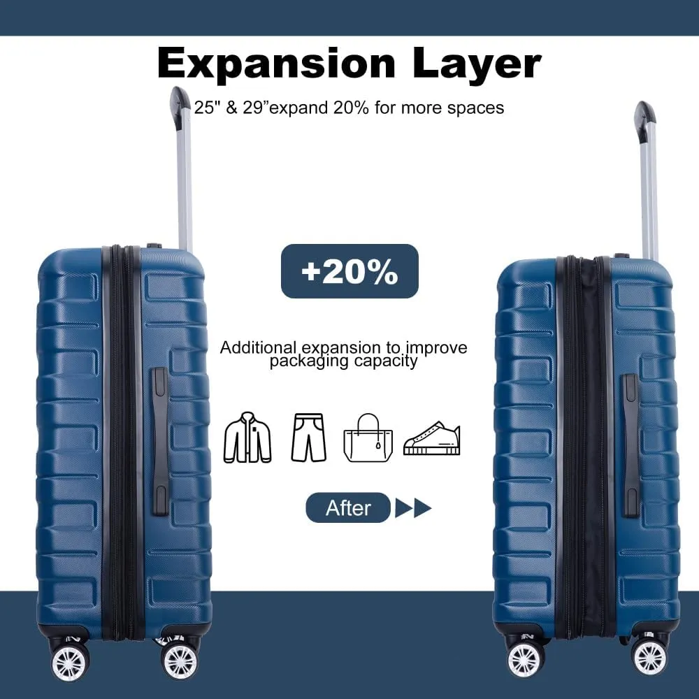 3-Piece Expandable Luggage Set (21"/25"/29") - PC Lightweight Hardshell Suitcases with Lock, Double Spinner Wheels & 2 Utility Hooks - Sand Color Carry-On & Checked Luggage (Dark Blue   PC)