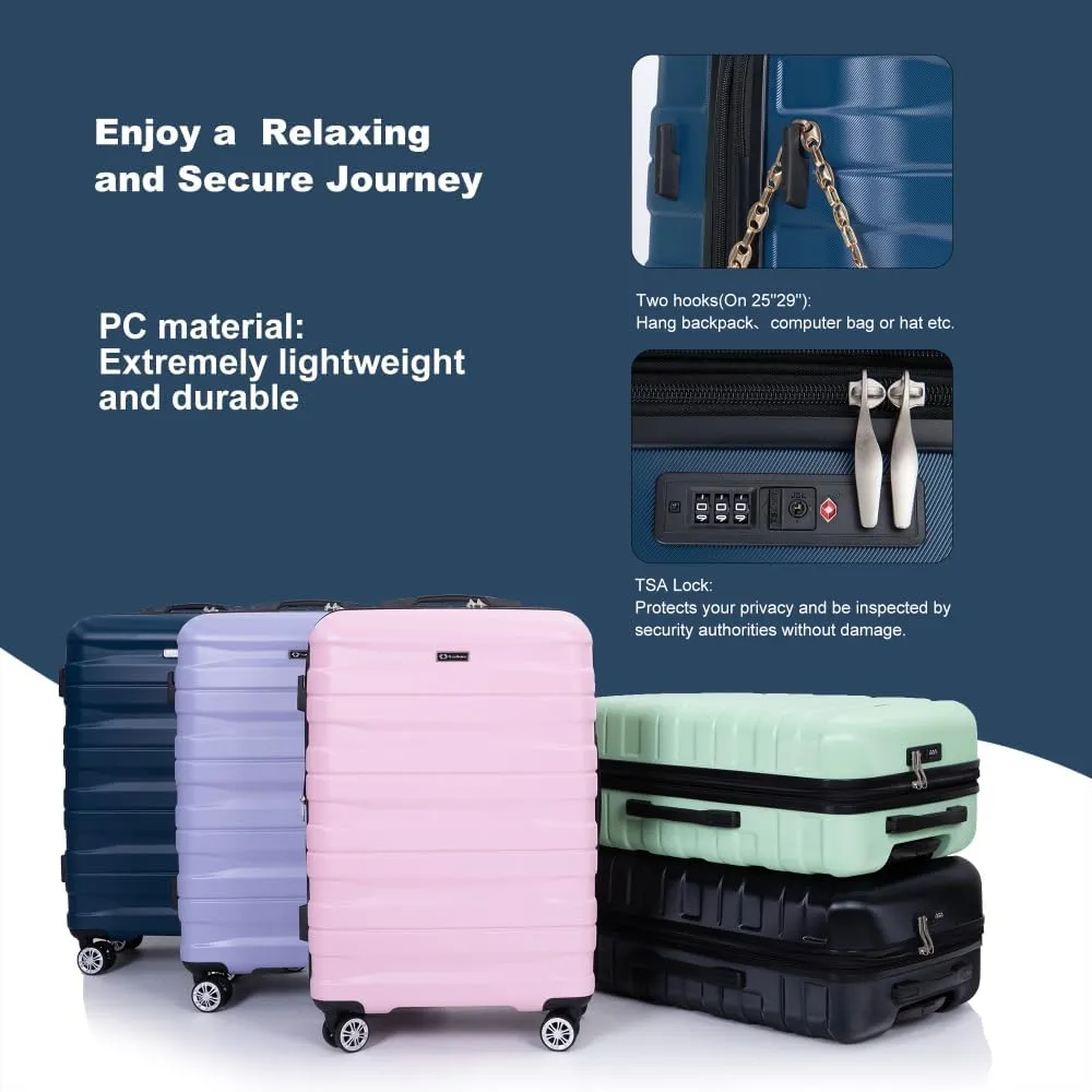 3-Piece Expandable Luggage Set (21"/25"/29") - PC Lightweight Hardshell Suitcases with Lock, Double Spinner Wheels & 2 Utility Hooks - Sand Color Carry-On & Checked Luggage (Dark Blue   PC)