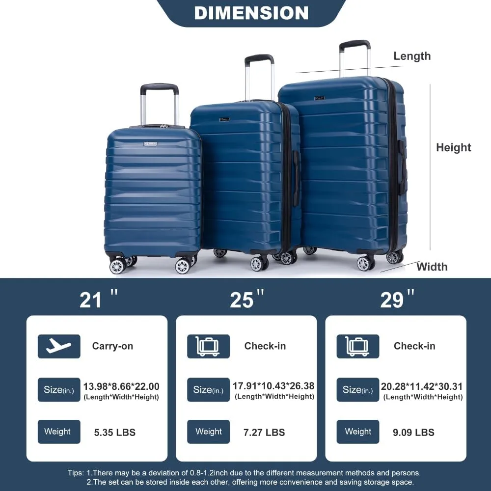 3-Piece Expandable Luggage Set (21"/25"/29") - PC Lightweight Hardshell Suitcases with Lock, Double Spinner Wheels & 2 Utility Hooks - Sand Color Carry-On & Checked Luggage (Dark Blue   PC)
