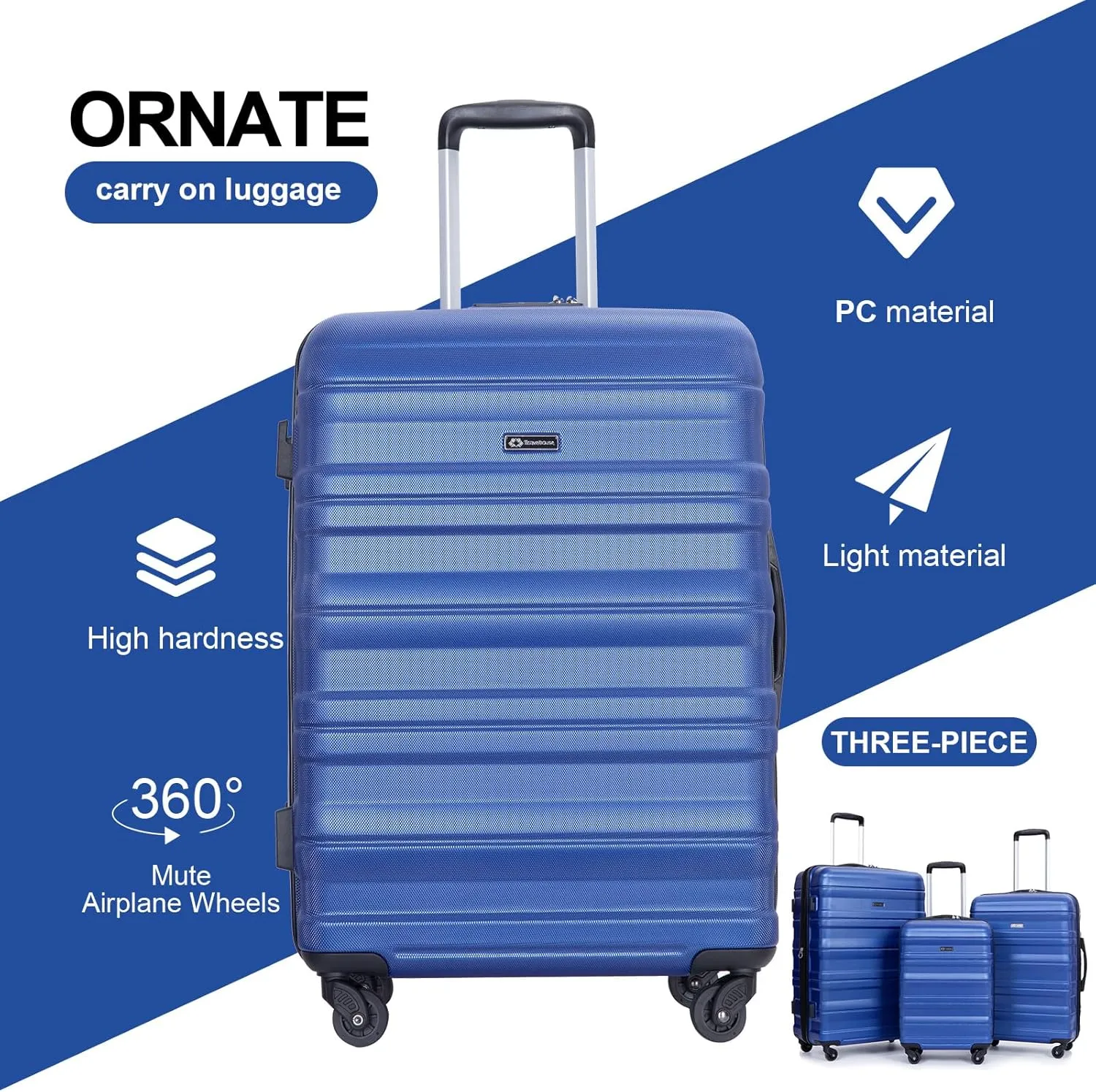 3 Piece Luggage Sets, PC Lightweight Expandable Suitcase with Two Hooks, Spinner Wheels, TSA Lock, (20/24/28) (Dark Blue)