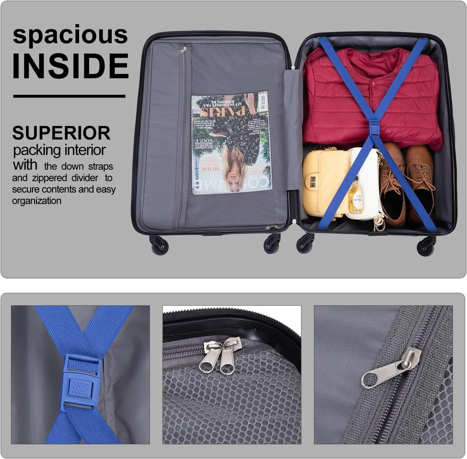 3 Piece Luggage Sets, PC Lightweight Expandable Suitcase with Two Hooks, Spinner Wheels, TSA Lock, (20/24/28) (Dark Blue)