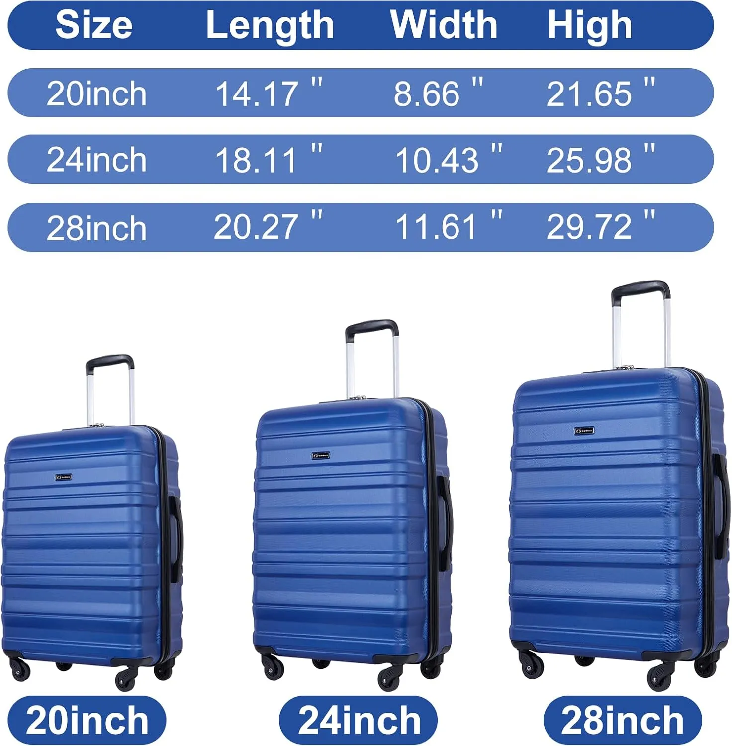 3 Piece Luggage Sets, PC Lightweight Expandable Suitcase with Two Hooks, Spinner Wheels, TSA Lock, (20/24/28) (Dark Blue)