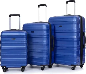 3 Piece Luggage Sets, PC Lightweight Expandable Suitcase with Two Hooks, Spinner Wheels, TSA Lock, (20/24/28) (Dark Blue)