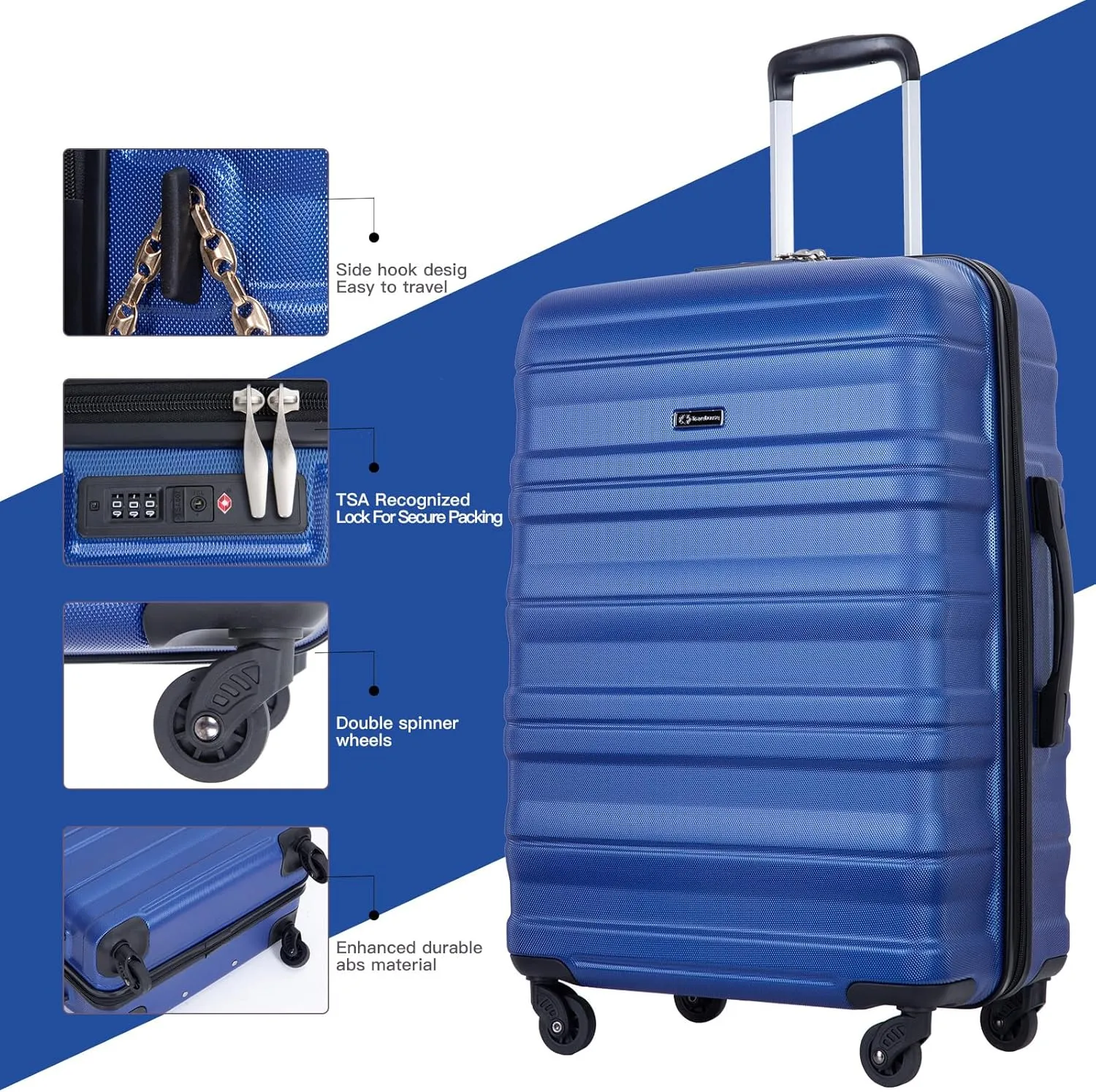 3 Piece Luggage Sets, PC Lightweight Expandable Suitcase with Two Hooks, Spinner Wheels, TSA Lock, (20/24/28) (Dark Blue)