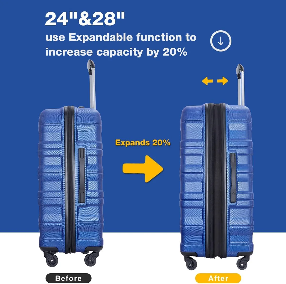 3 Piece Luggage Sets, PC Lightweight Expandable Suitcase with Two Hooks, Spinner Wheels, TSA Lock, (20/24/28) (Dark Blue)