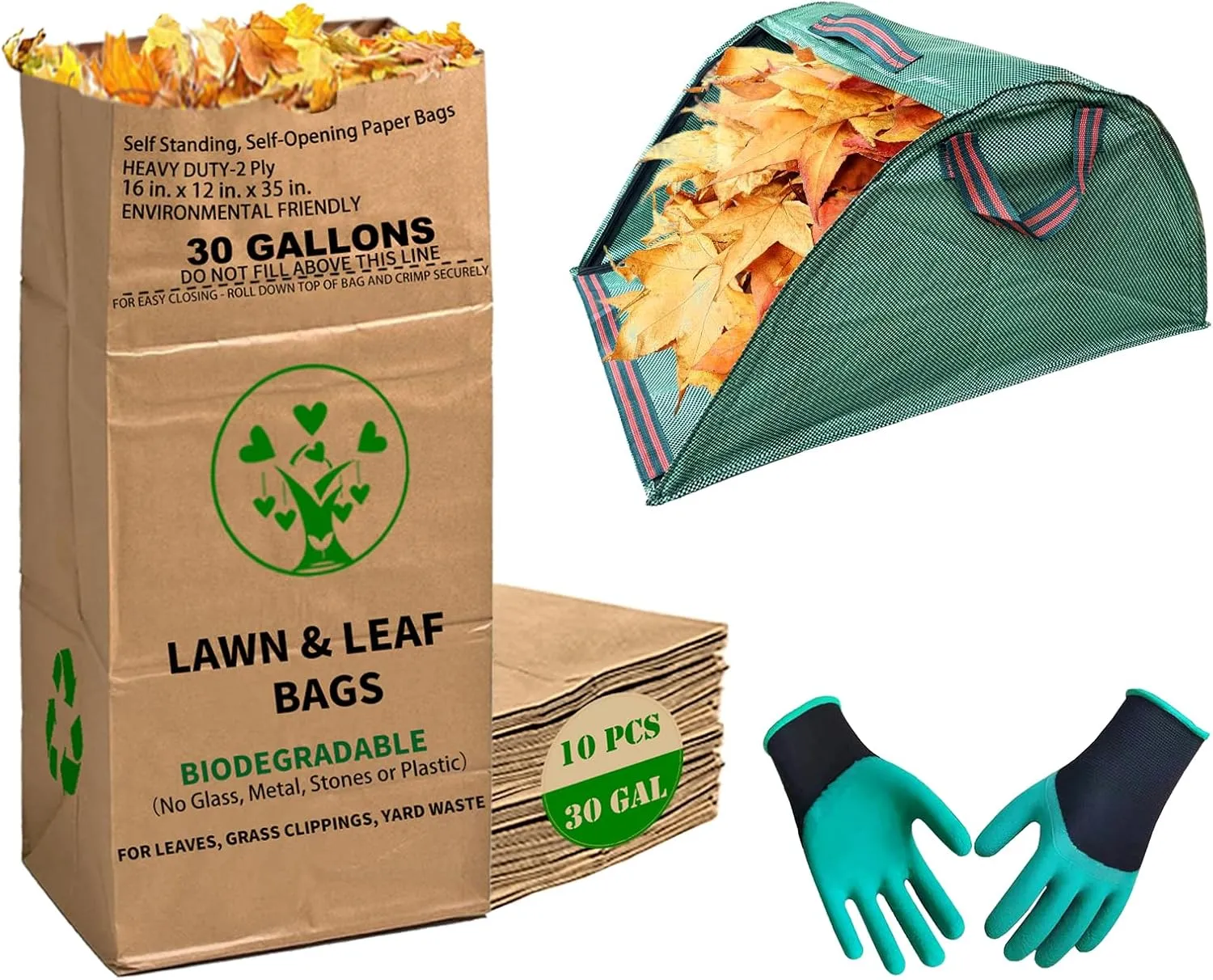 30 Gallon Heavy Duty Brown Paper Lawn Leaf Bags with Leaf Collector Leaf Loader 2-Ply Heavy Duty Large Kraft Paper Bags (10 Count) | Tear Resistant Yard Waste Bag for Home and Garden