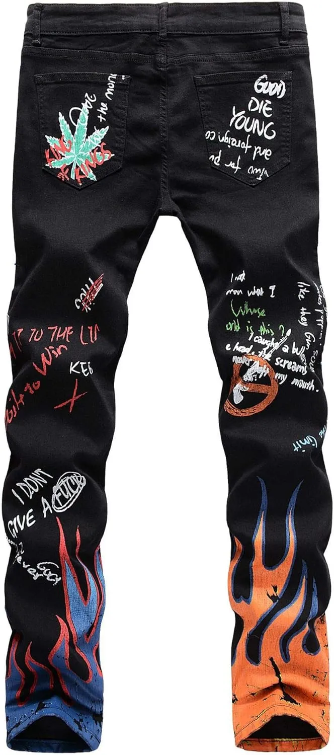 3D Painted Graffiti Printed Jeans Men's Hip Hop Pants, Streetwear Mens Jeans Slim Fit Pants Stretch Casual Jeans