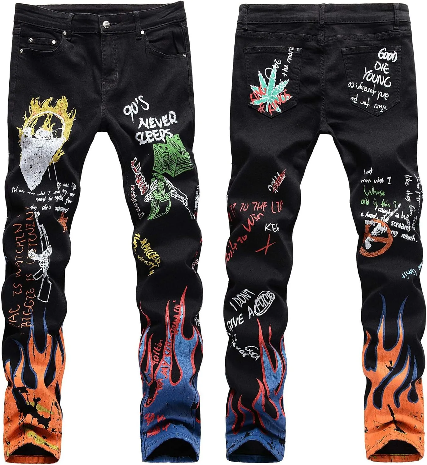 3D Painted Graffiti Printed Jeans Men's Hip Hop Pants, Streetwear Mens Jeans Slim Fit Pants Stretch Casual Jeans