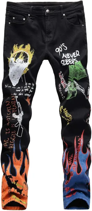 3D Painted Graffiti Printed Jeans Men's Hip Hop Pants, Streetwear Mens Jeans Slim Fit Pants Stretch Casual Jeans