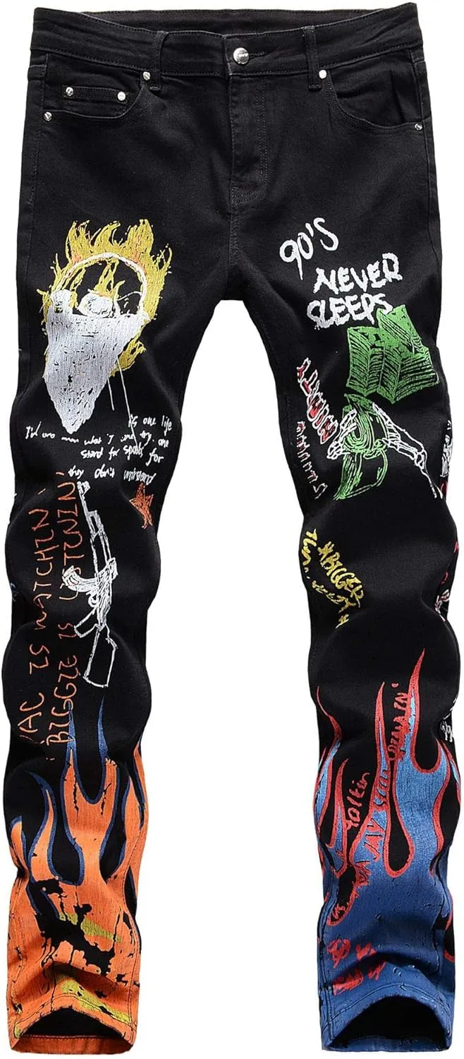 3D Painted Graffiti Printed Jeans Men's Hip Hop Pants, Streetwear Mens Jeans Slim Fit Pants Stretch Casual Jeans