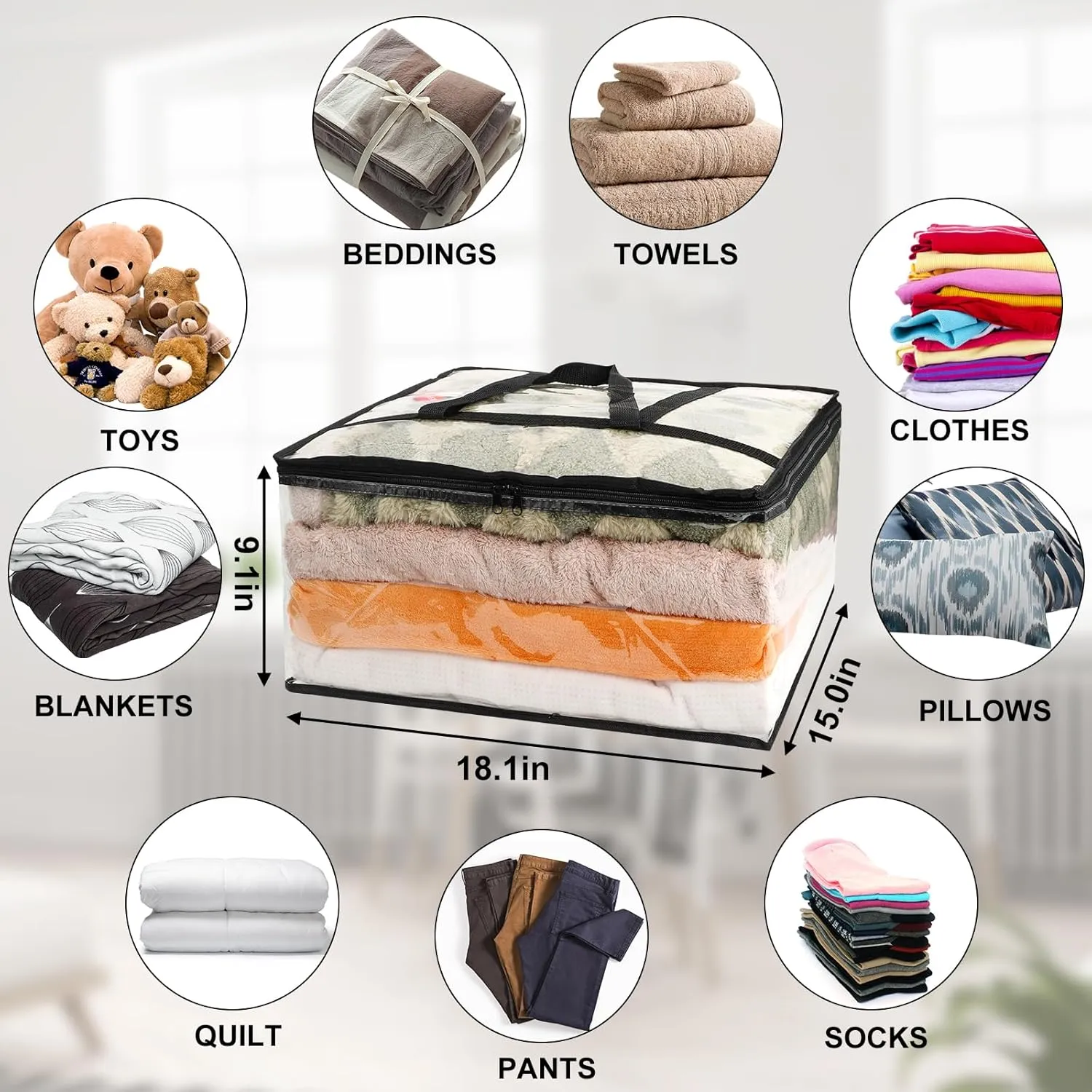 3Pack Clear Blanket Storage Bags, Vinyl Comforter Clothes Storage Closet Organizers and Storage Containers Moving Bags with Reinforced Handle for Bedding, Clothing, Comforters, Pillows, Toys,40L