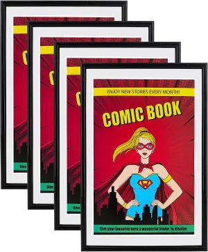4 Pack, Comic Book Frame with White Mat, UV Protection, Fits Current and Standard Size Comic up to 6 3/4" x 10 1/4", Fits Comic Book Bags and Sleeves, Wall or Tabletop Display