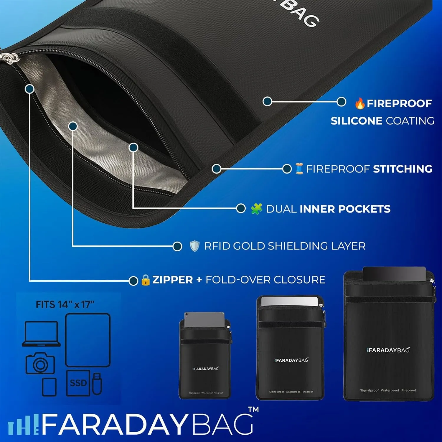 4 Pack Large – Fireproof and Waterproof Faraday Bags for Phones, Key Fob, Cash, Laptop & RFID Blocking Pouch Set