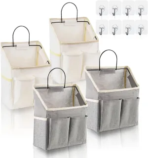 4 Pack Wall Hanging Storage Bag Fabric Hanging Bag Organizer with 4 Pockets, Wall File Organizer with 8 PCS Sticky Hooks for Bathroom Dormitory Office Rv Storage and Organization (2 White 2 grey)
