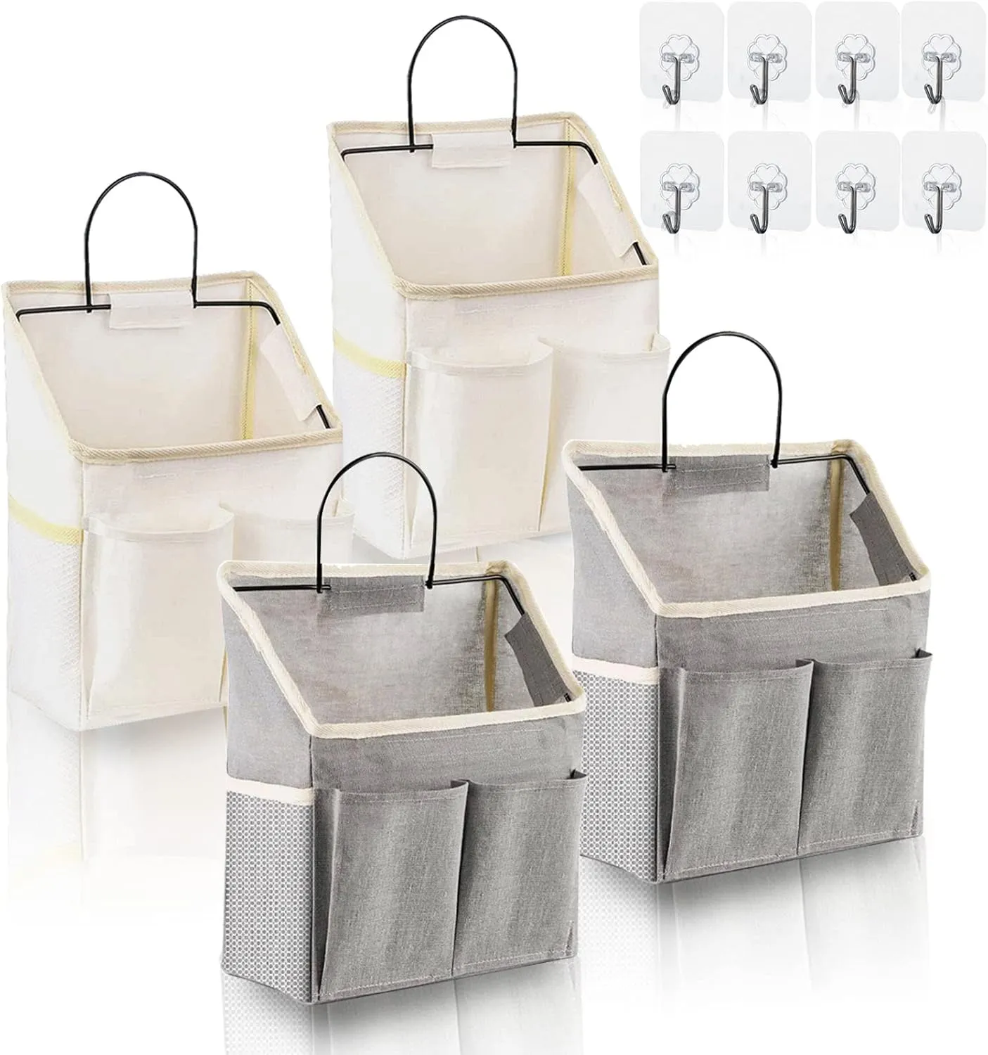 4 Pack Wall Hanging Storage Bag Fabric Hanging Bag Organizer with 4 Pockets, Wall File Organizer with 8 PCS Sticky Hooks for Bathroom Dormitory Office Rv Storage and Organization (2 White 2 grey)