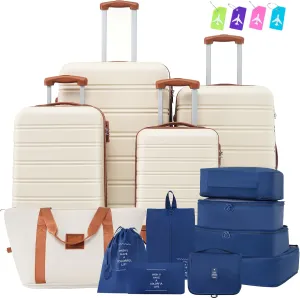 4-Piece Hardshell Luggage Set with Expandable Spinner Wheels, Lightweight ABS Material, Brown and White