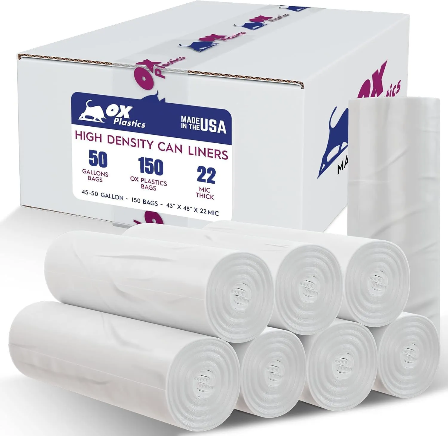 45-50 Gallon Trash Bags - (22 Microns) High Density 43"x48", 150 Count Unscented Trash Can Liners - Multipurpose Clear Garbage Bags for Bathroom, Kitchen or Office Wastebaskets Made in USA