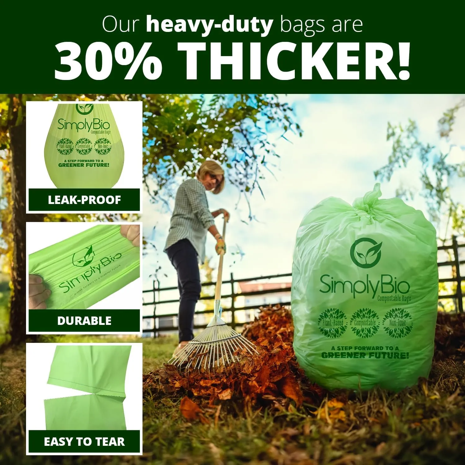 50-55 Gallon Compostable Trash Bags Liners Flat-Top, Heavy Duty Extra Thick 1.57 Mil, 208.2 Liter, 12 Bags, Lawn, Yard, and Restaurant Use, ASTM D6400, US BPI, OK Compost Home Certified