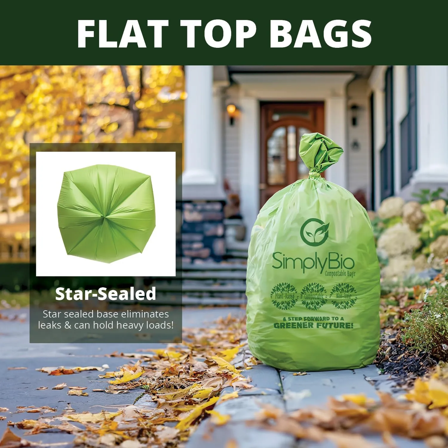 50-55 Gallon Compostable Trash Bags Liners Flat-Top, Heavy Duty Extra Thick 1.57 Mil, 208.2 Liter, 12 Bags, Lawn, Yard, and Restaurant Use, ASTM D6400, US BPI, OK Compost Home Certified