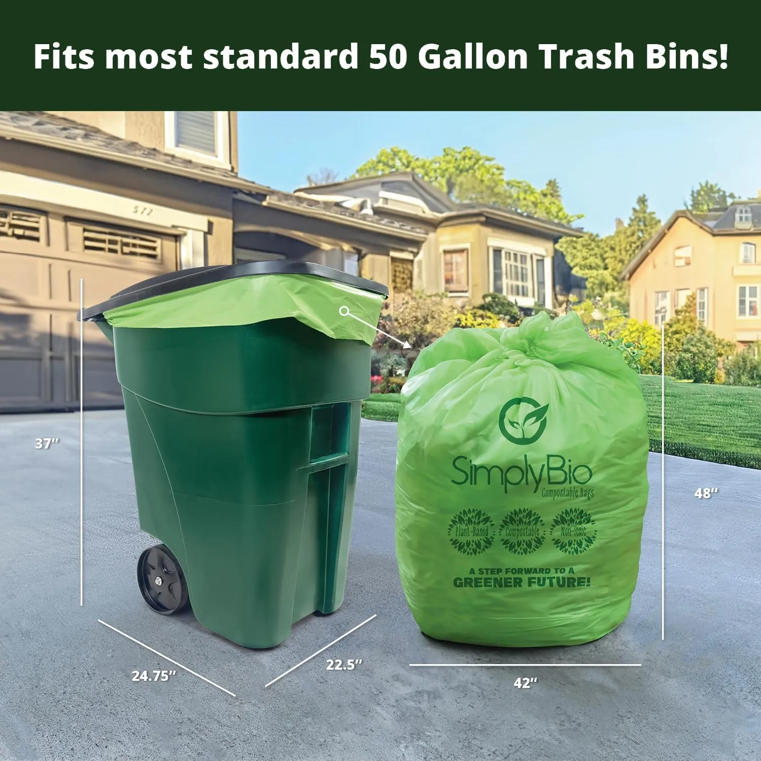 50-55 Gallon Compostable Trash Bags Liners Flat-Top, Heavy Duty Extra Thick 1.57 Mil, 208.2 Liter, 12 Bags, Lawn, Yard, and Restaurant Use, ASTM D6400, US BPI, OK Compost Home Certified