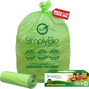 50-55 Gallon Compostable Trash Bags Liners Flat-Top, Heavy Duty Extra Thick 1.57 Mil, 208.2 Liter, 12 Bags, Lawn, Yard, and Restaurant Use, ASTM D6400, US BPI, OK Compost Home Certified