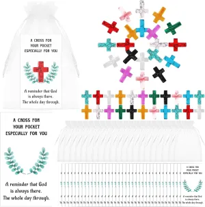 50 Sets Pocket Hug Token Bulk Cross Crystal Stone with Hug Cards and Organza Bags Natural Gemstones Small Cross Exchange Card for Friends Colleagues Family Distance Social Xmas Easter Present