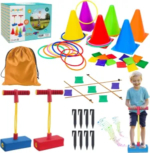 50PCS 6-in-1 Carnival Outdoor Game Combo for Kids, Foam Pogo Jumper, Giant Tic Tac Toe, Soft Plastic Cones Bean Bags Ring Toss Game, Perfect for Birthday Parties, Family Reunions, Field Days Yard Play