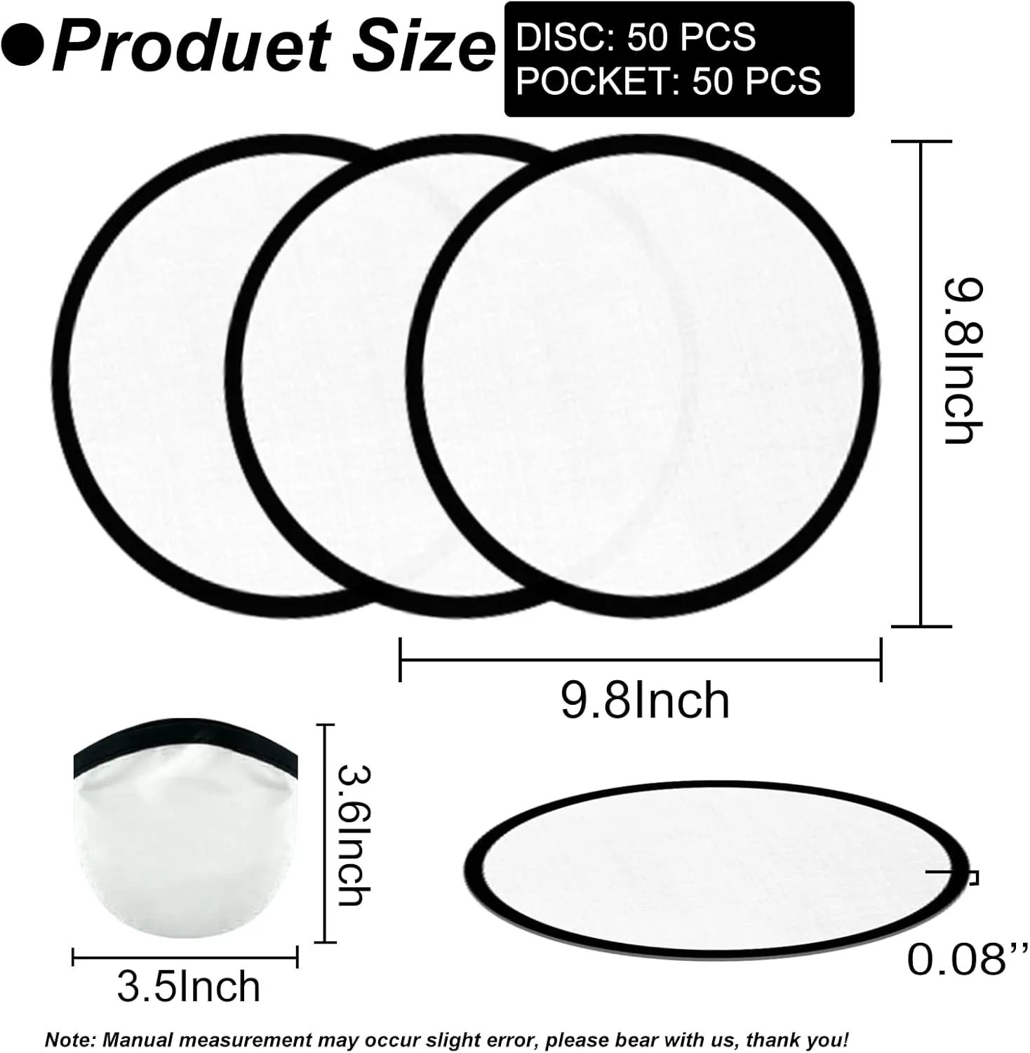 50PCS Foldable Flying Disc Fans with Bags, 9.8'' DIY Handheld Black Egde Fabric Folding Fan for Outdoor Game Activities Birthday Party Favors End of Year Student Gifts, White