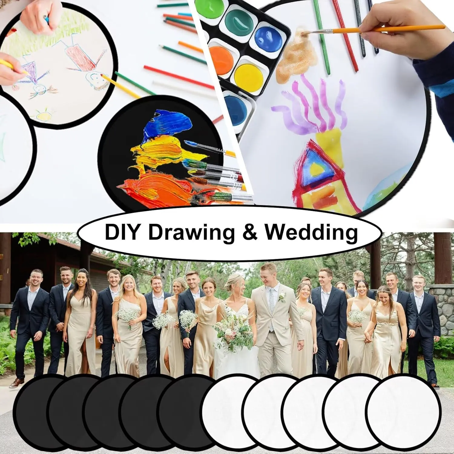 50PCS Foldable Flying Disc Fans with Bags, 9.8'' DIY Handheld Black Egde Fabric Folding Fan for Outdoor Game Activities Birthday Party Favors End of Year Student Gifts, White