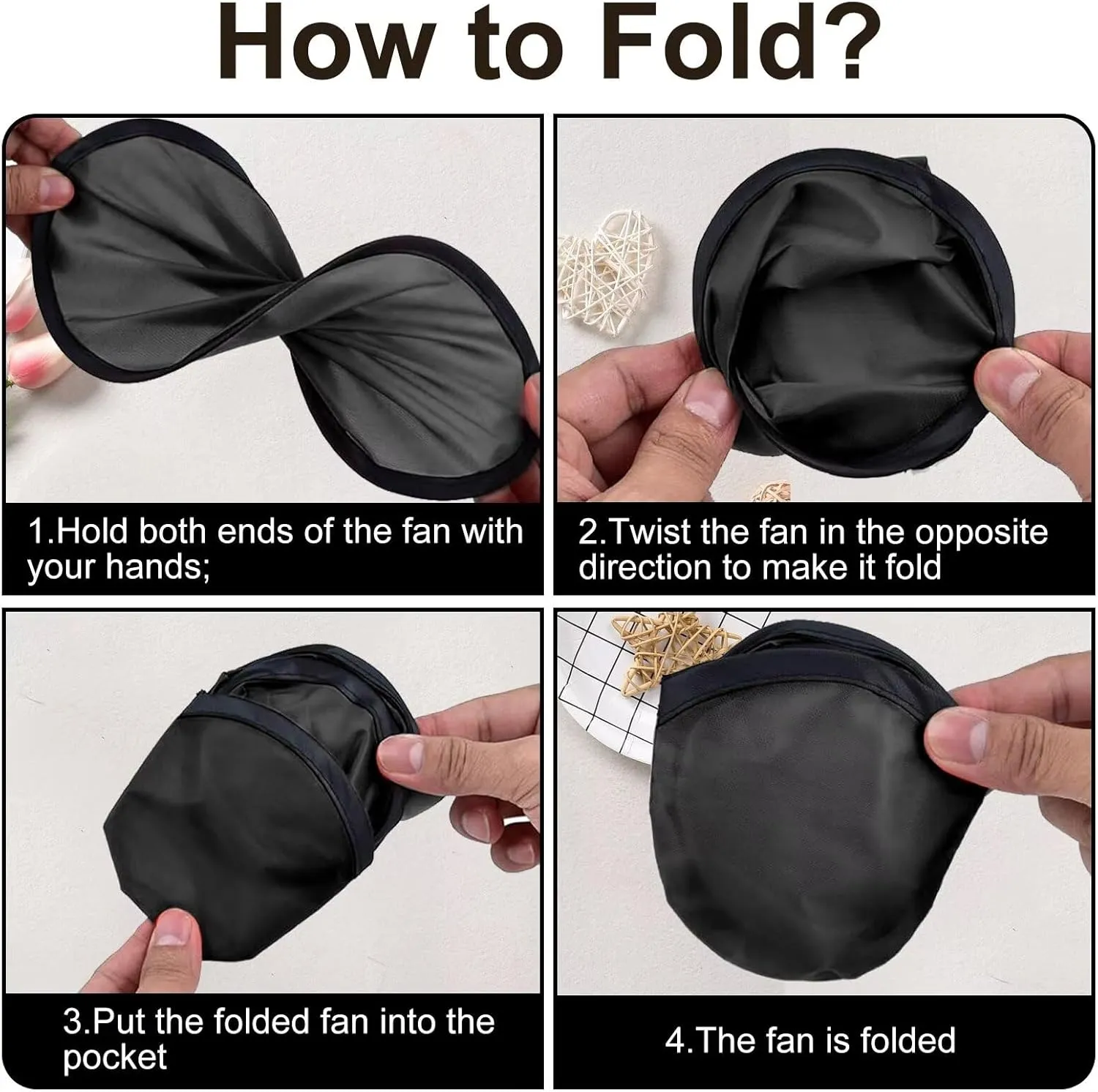 50PCS Foldable Flying Disc Fans with Bags, 9.8'' DIY Handheld Black Egde Fabric Folding Fan for Outdoor Game Activities Birthday Party Favors End of Year Student Gifts, White