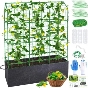 50x65 Inch Cucumber Trellis for Raised Bed - with 46 Gallon Grow Bags, Garden Trellis for Climbing Plants Outdoor with Climbing Net and Plant Support for Cucumber, Tomato, Vegetable, Grape, Vine