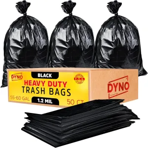 55-60 Gallon Trash Bags Heavy Duty 1.2 Mil Black - 50 Count Large - Individually Folded - Industrial Bags – 38W x 58L