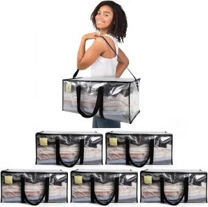 6-Pack Extra-Large, Heavy-Duty, Semi-Transparent Moving Bags Totes for Clothes, Storage, Supplies - Removable and Adjustable Shoulder Straps, Double Zippers, and Reinforced Handles