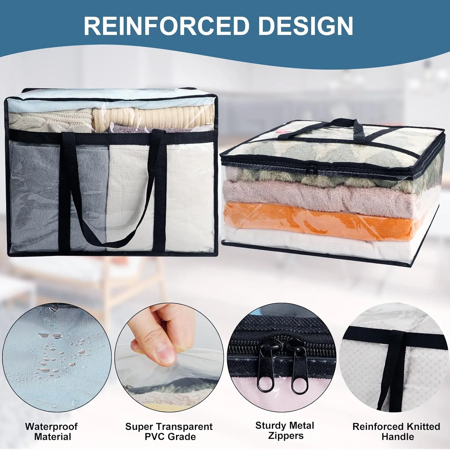 6Pack Clear Blanket Storage Bags, Vinyl Comforter Clothes Storage Closet Organizers and Storage Containers Moving Bags with Reinforced Handle for Bedding, Clothing, Comforters, Pillows, Toys,55L
