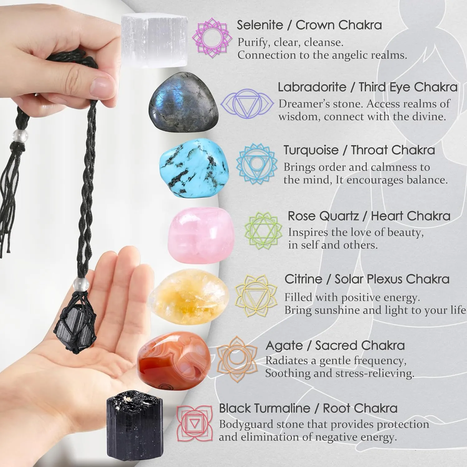 7 Chakra Healing Crystal Necklace Set - Boho Handmade Cord Cage and Hippie Energy Pendant Holder Real Crystal and Healing Stone Jewelry Spiritual Gift for Women Teen