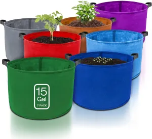 7 Pack 15 Gallon Plant Grow Bags - Mixed 7 Colors with Reinforced Handles & Aeration Design, Ideal for Tomato, Flowers & Fruits