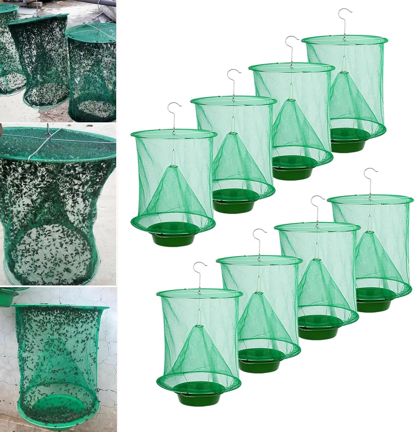 8 Pack Ranch Fly Traps,Fly Trap Outdoor Hanging 2025 Upgraded Fly Catcher, Reusable Stable Fly Trap Bags for Pest Control in Garden, Farm, Orchard/Green