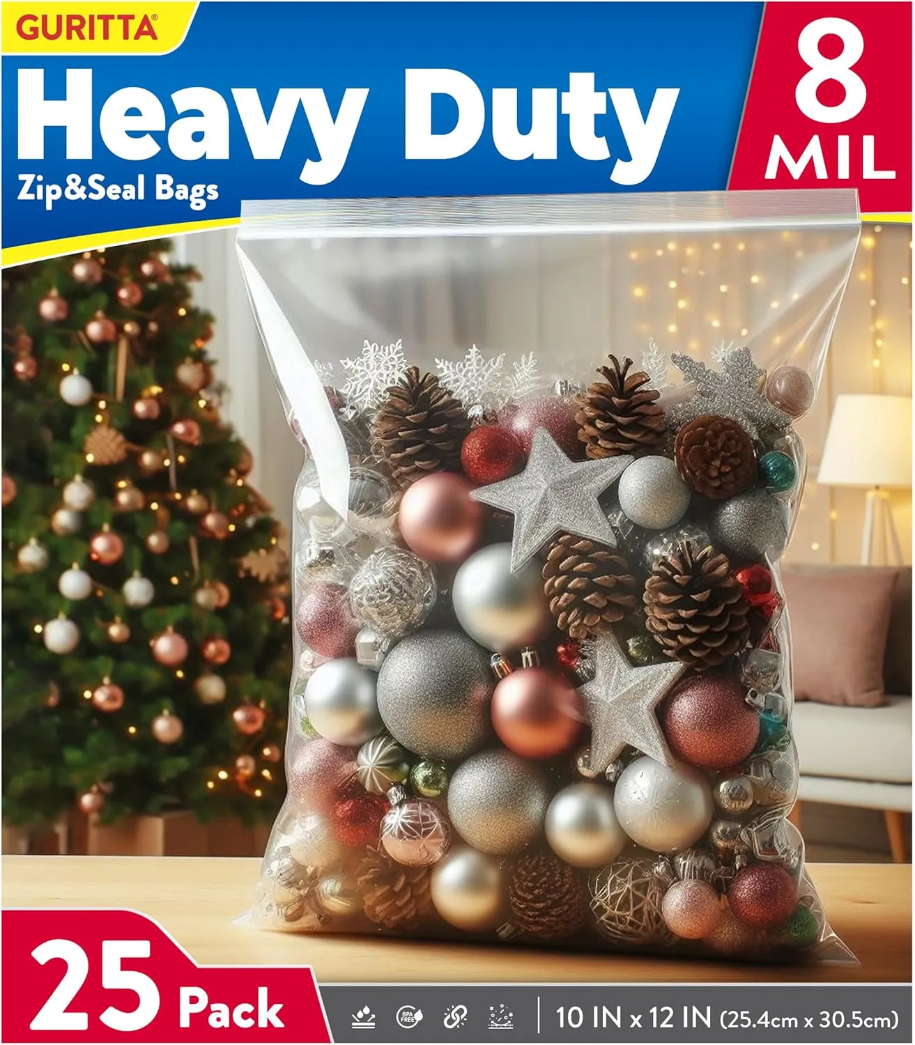 8mil Heavy Duty Plastic Storage Bag, 4x Thicker Zipper, Reusable Zip Top Bag, 10"x12", Pack of 25 for Cakes, Foods, Tools, Accessories, Kitchen Utensils